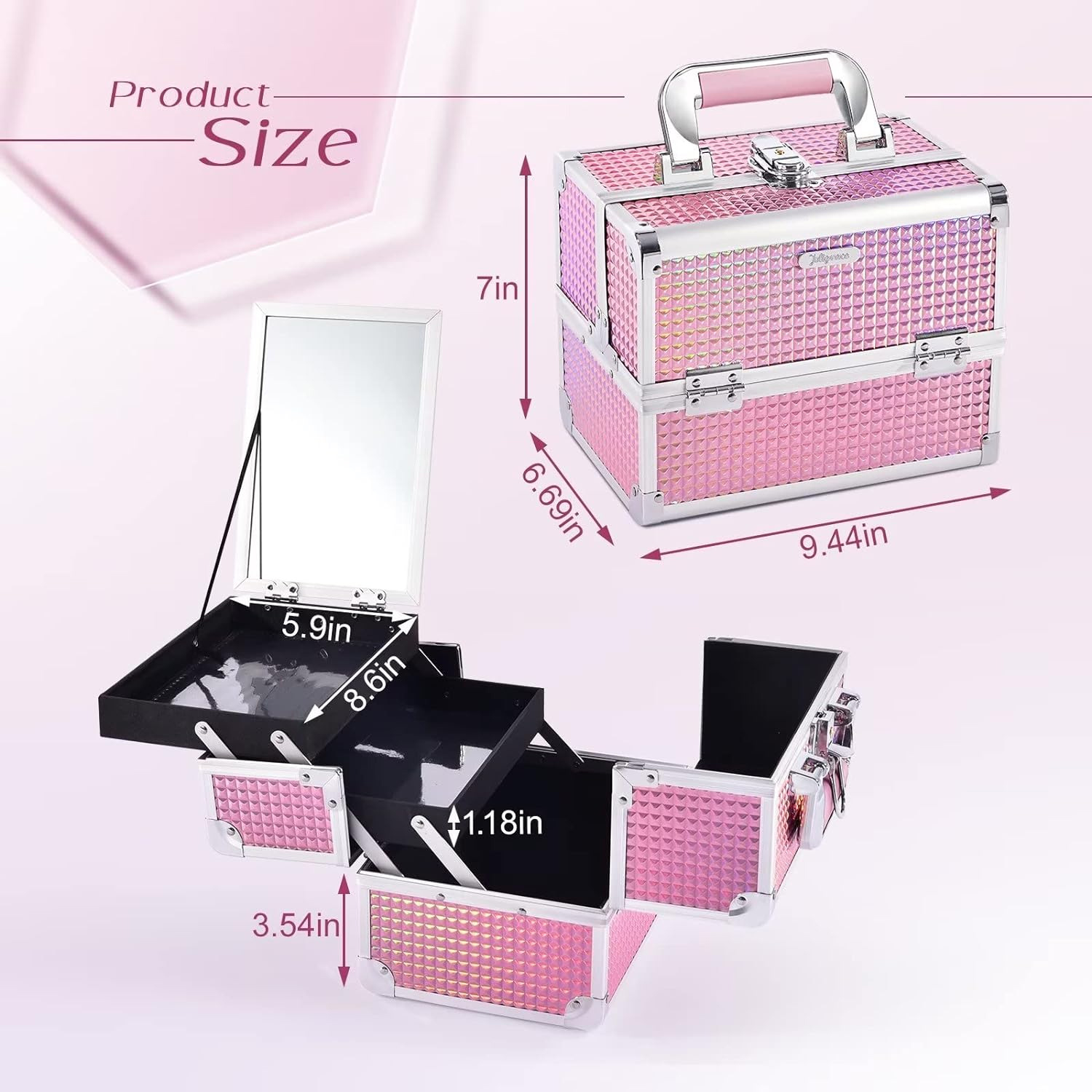 Portable Diamond Patterned Pink Makeup Case With Mirror 4