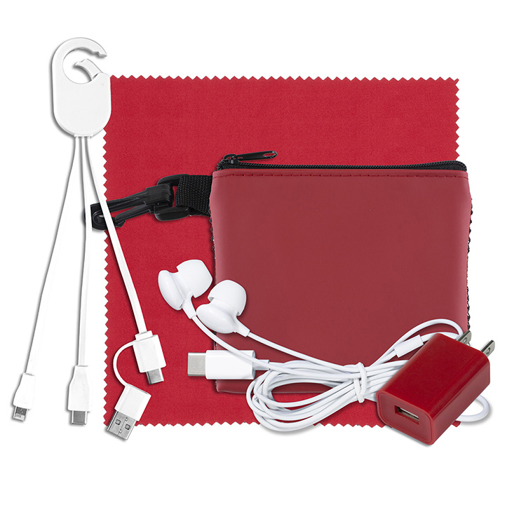“TechMesh Clip” Mobile Tech Accessory Kit in Mesh Zipper Pouch Components inserted into Zipper Pouch 7