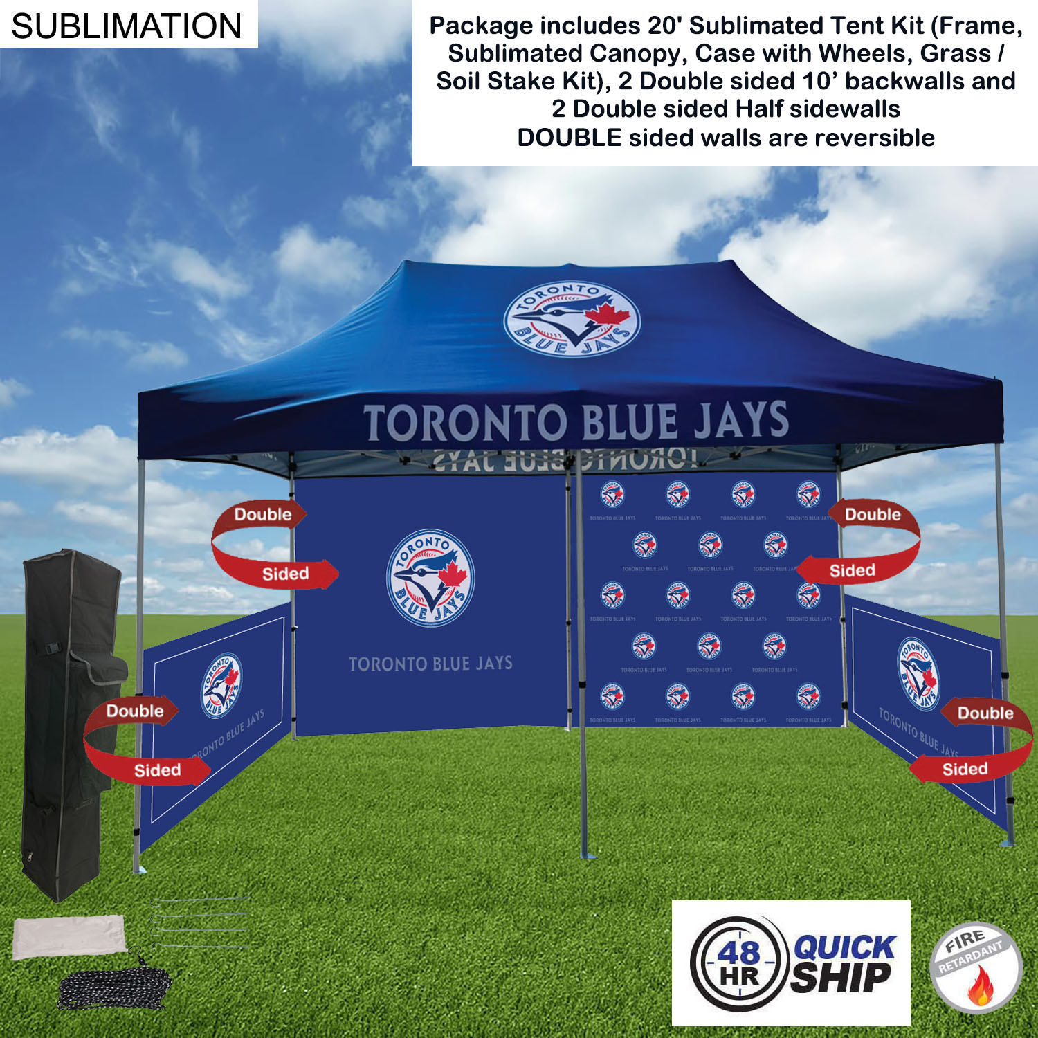 48Hr Quick Ship - 20' Sublimated Tent, 2 DOUBLE sided 10' backwalls, 2 DOUBLE side half sidewalls