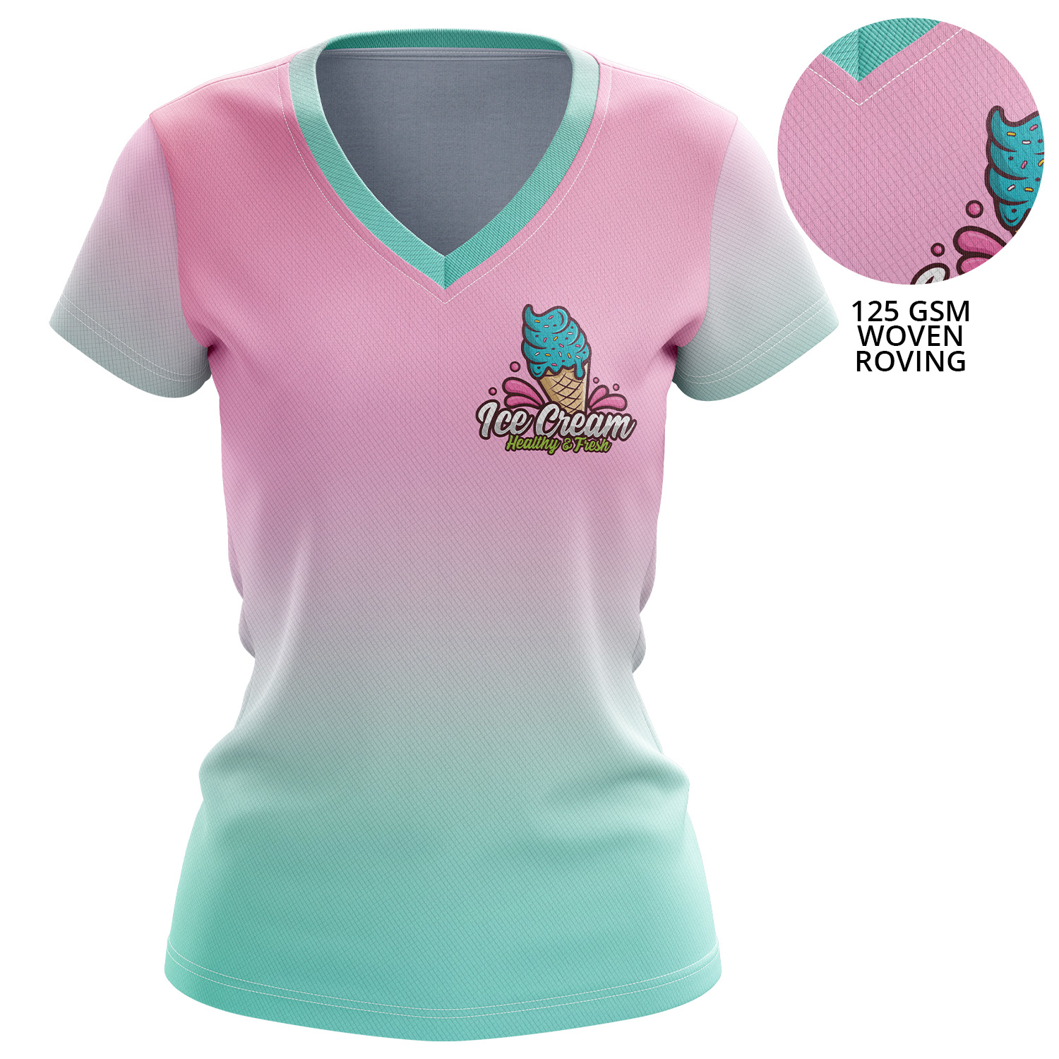 Women 125 GSM Woven Roving Performance Sublimation V-Neck Short Sleeve T-shirt 2