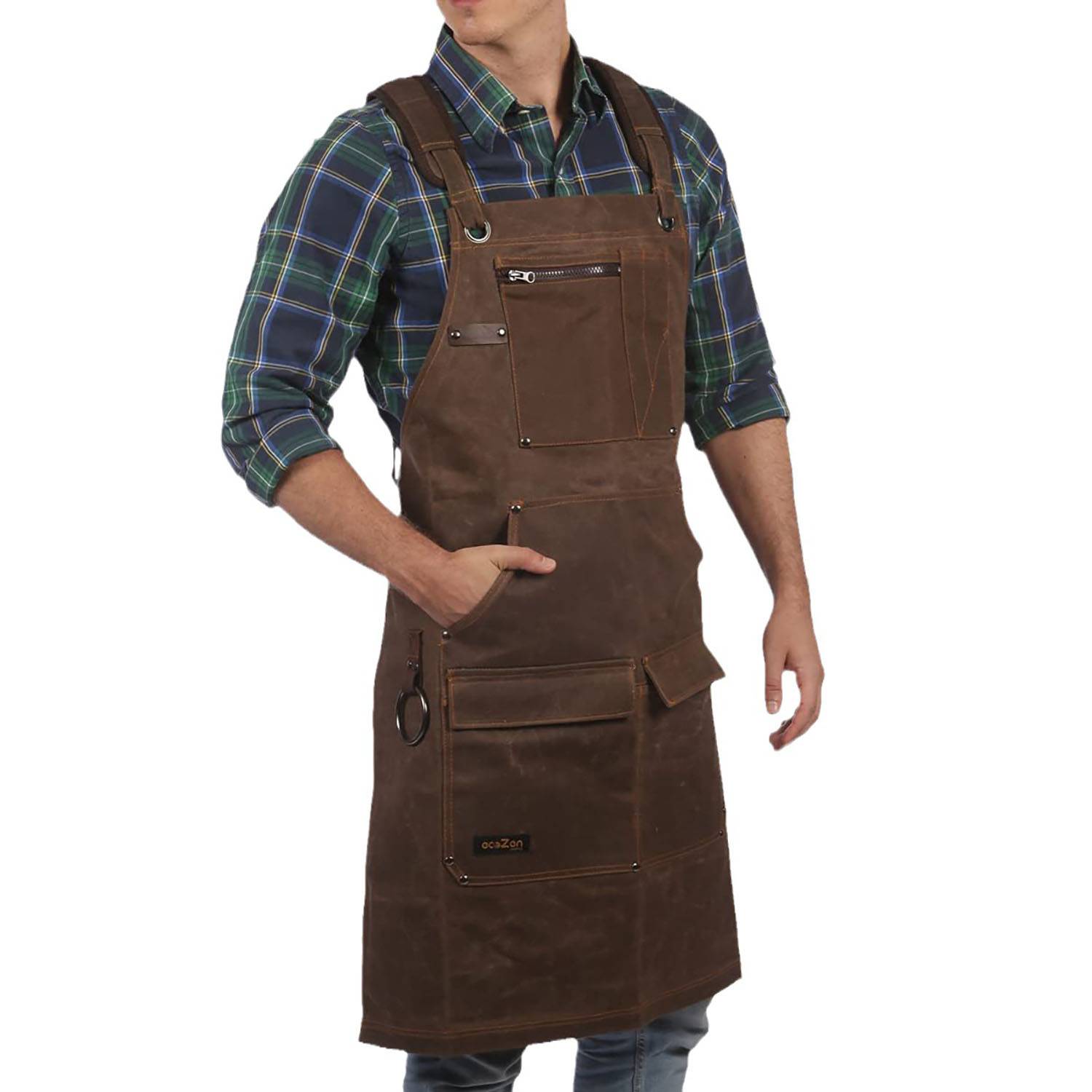 Long Adjustable Waxed Canvas Shop Apron w/ Pockets 3
