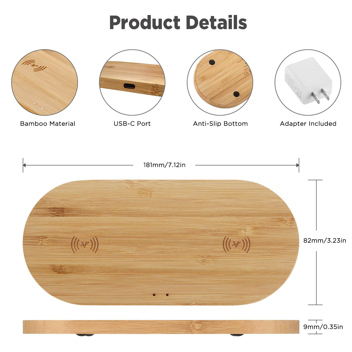 Bamboo Wireless Charger Double 10W Charging Pad Compatible 8