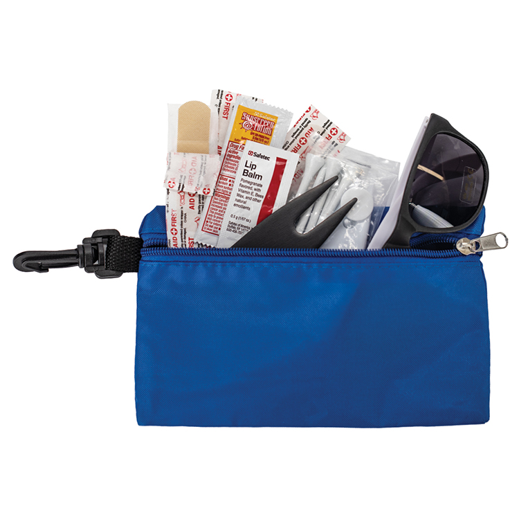 "CHIP 16" 16 Piece Golf Kit in Supersized Zipper Pack Components inserted into Zipper kit with Carab 13