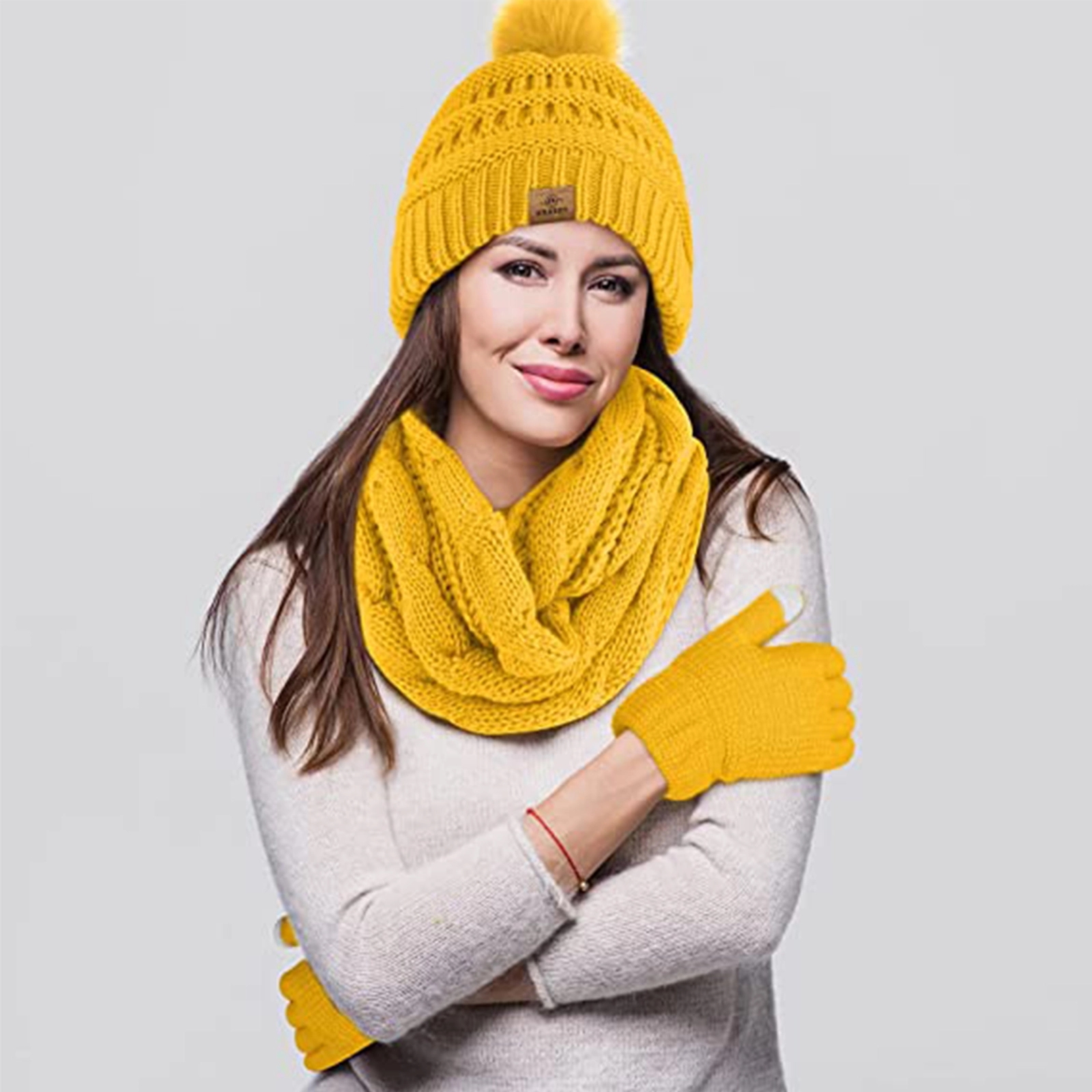 Winter Warm Set Knitted Scarf Beanie Hat Touchscreen Gloves 4