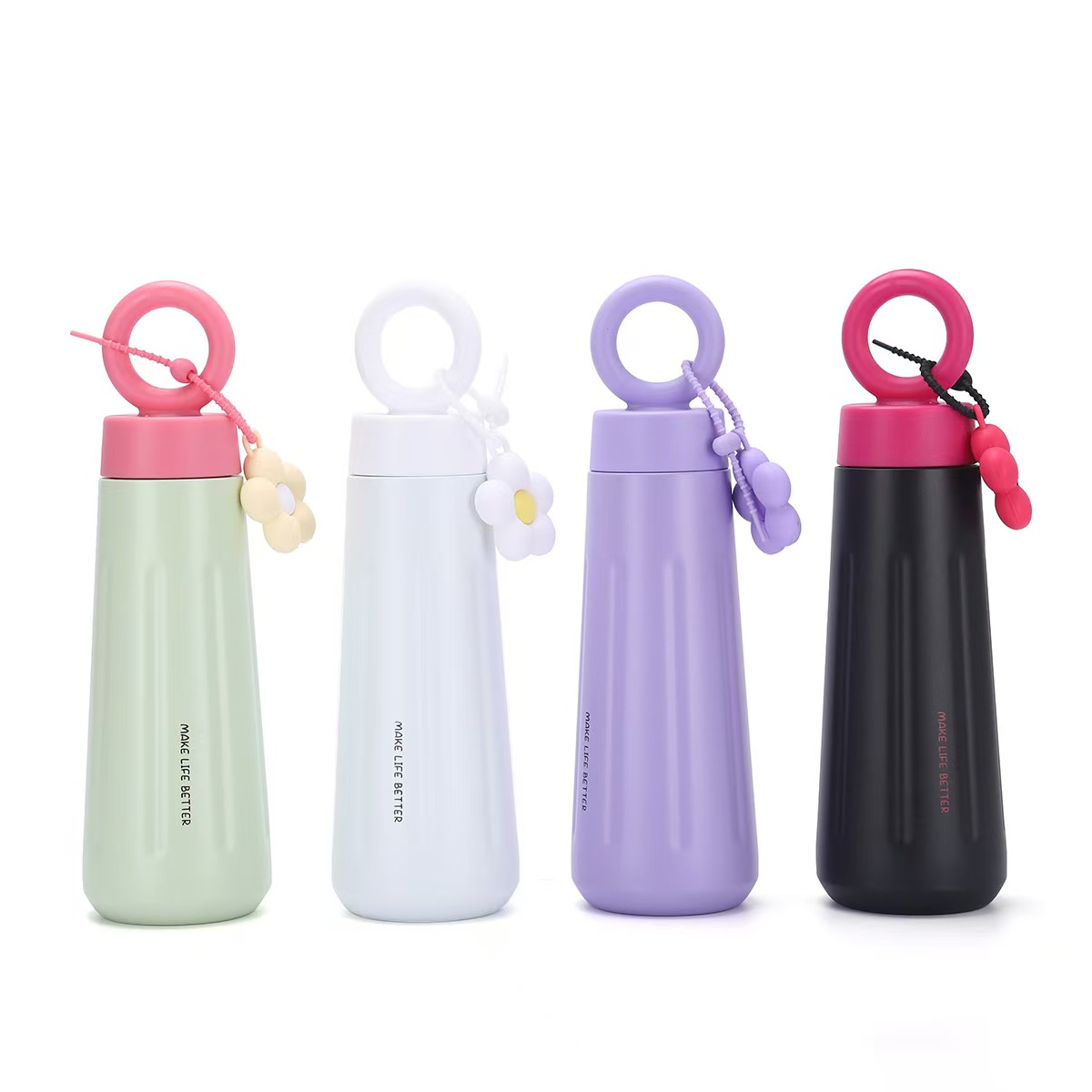15ozStainless Steel Vacuum Insulated Water Bottle & Cup With Ring-shapedHandle And Artificial Petals 3