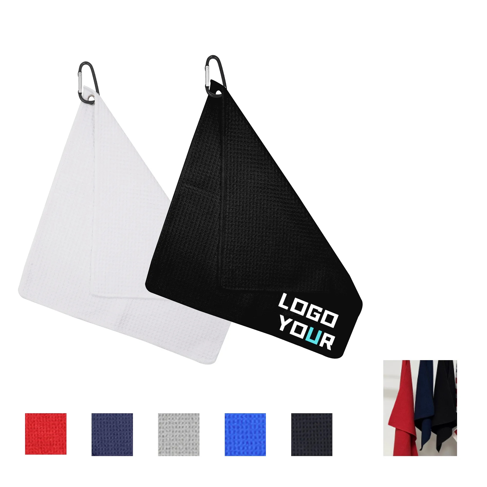MOQ 100 Microfiber Waffle Golf Towel With Carabiner 2