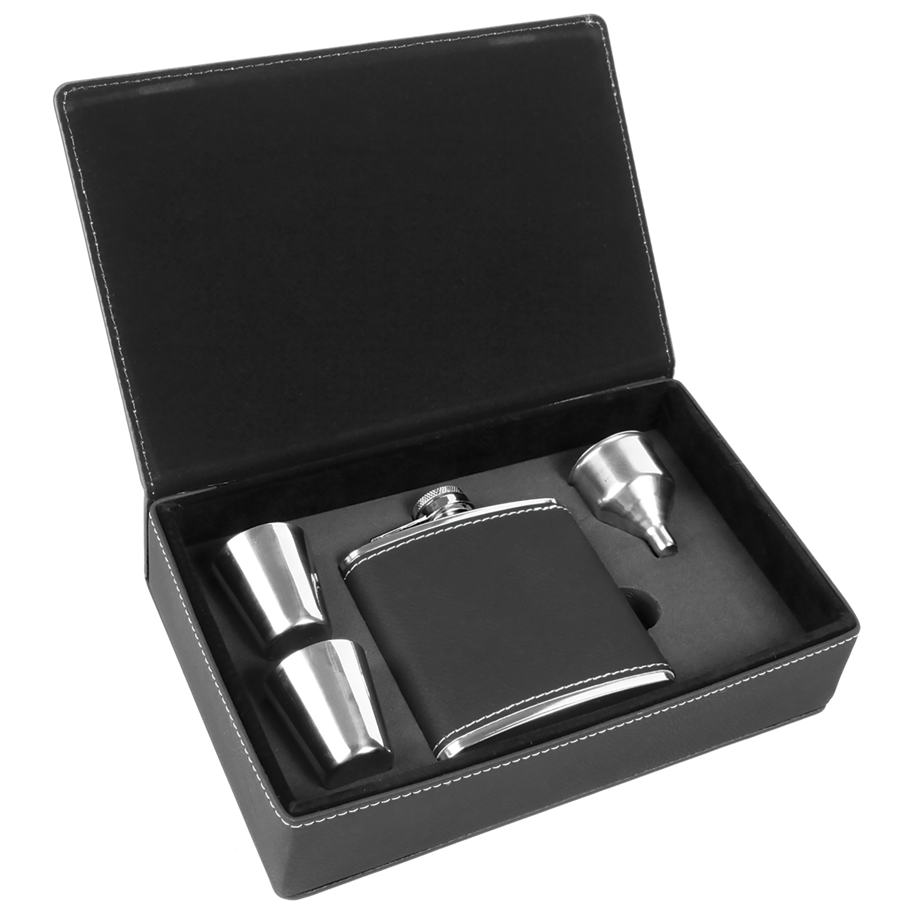 Stainless Steel Black/Silver Leatherette Flask Gift Set 3
