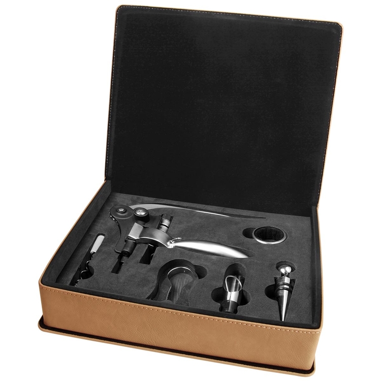 Light Brown Leatherette 5-Piece Wine Tool Set 4