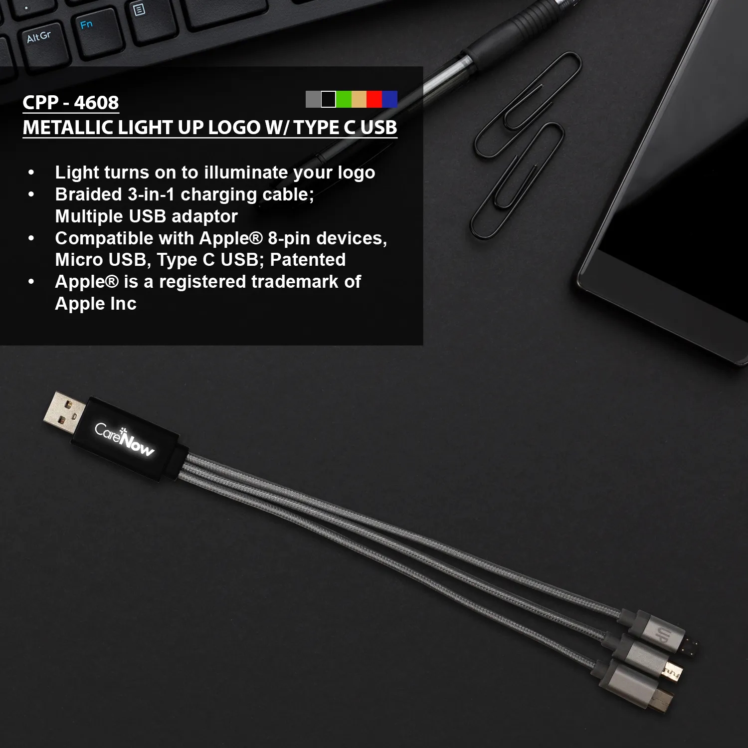 Metallic Light Up Logo Cable with Type C USB 4
