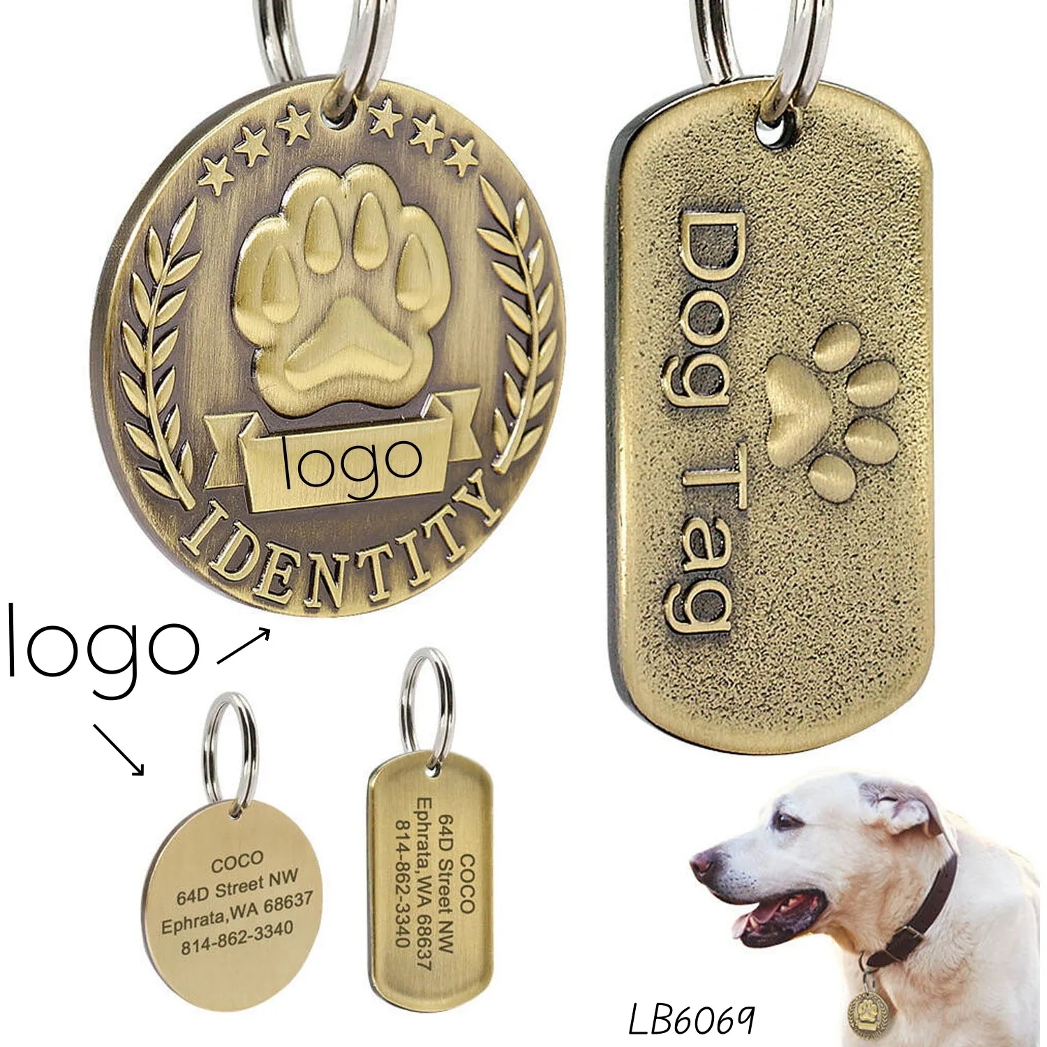 Custom Engraved Pet ID Antique Dog Tag Brass 2