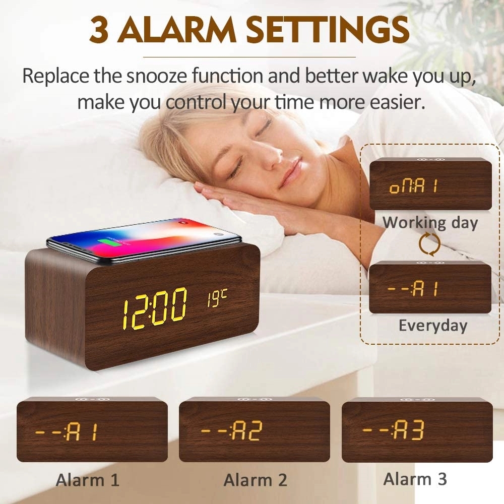 Wooden Alarm Clock with Wireless Charging 2