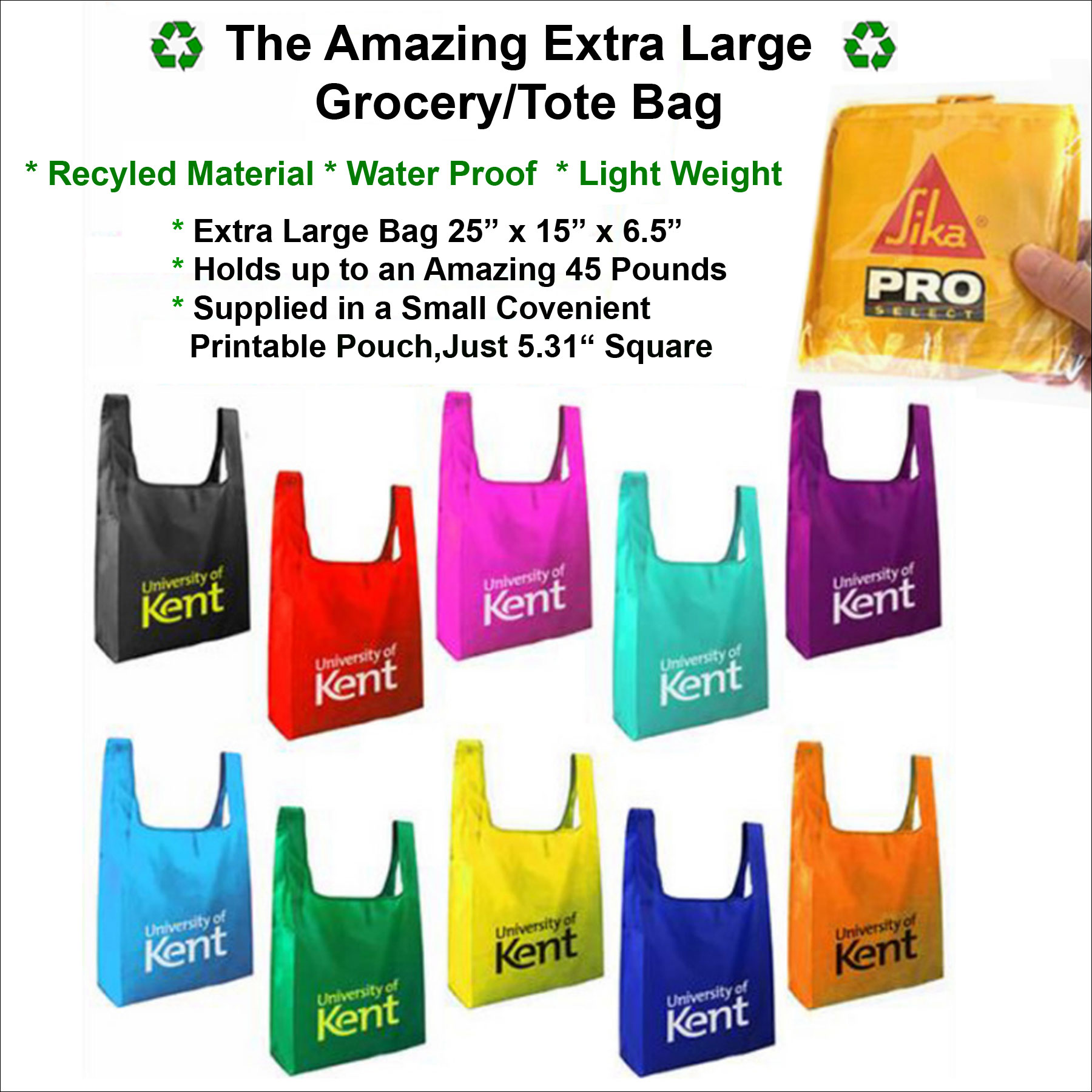 Extra Large Grocery/Tote Bag Recycled - Recycled- Water Proof