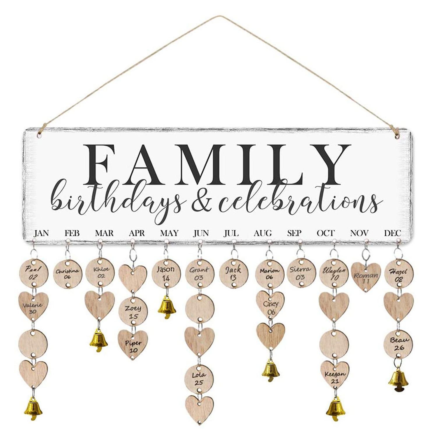 Wooden Hanging Family Birthday Calendar Board w/ Bells 4
