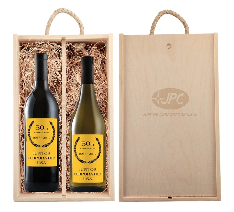 Rustic Laser-Engraved Wood Box with with Full-Color Custom Labeled Wines 1