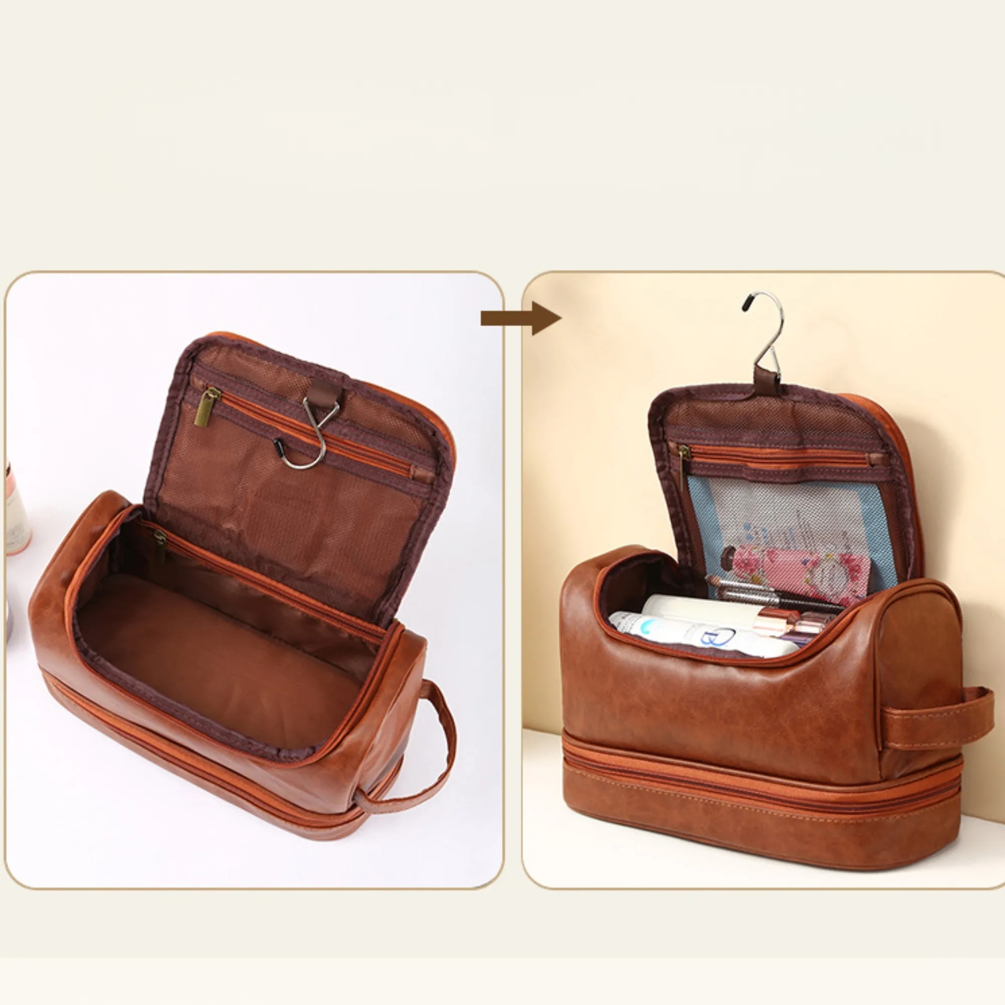 Leather Travel Cosmetic Organize Toiletry Bag with Handle 2
