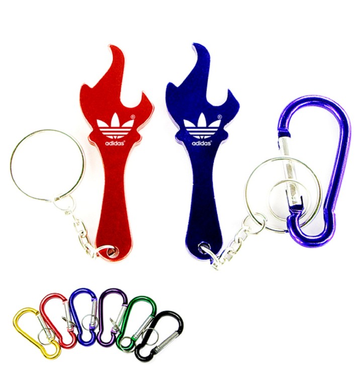 Torch & flame shaped aluminum bottle opener with key chain & carabineer