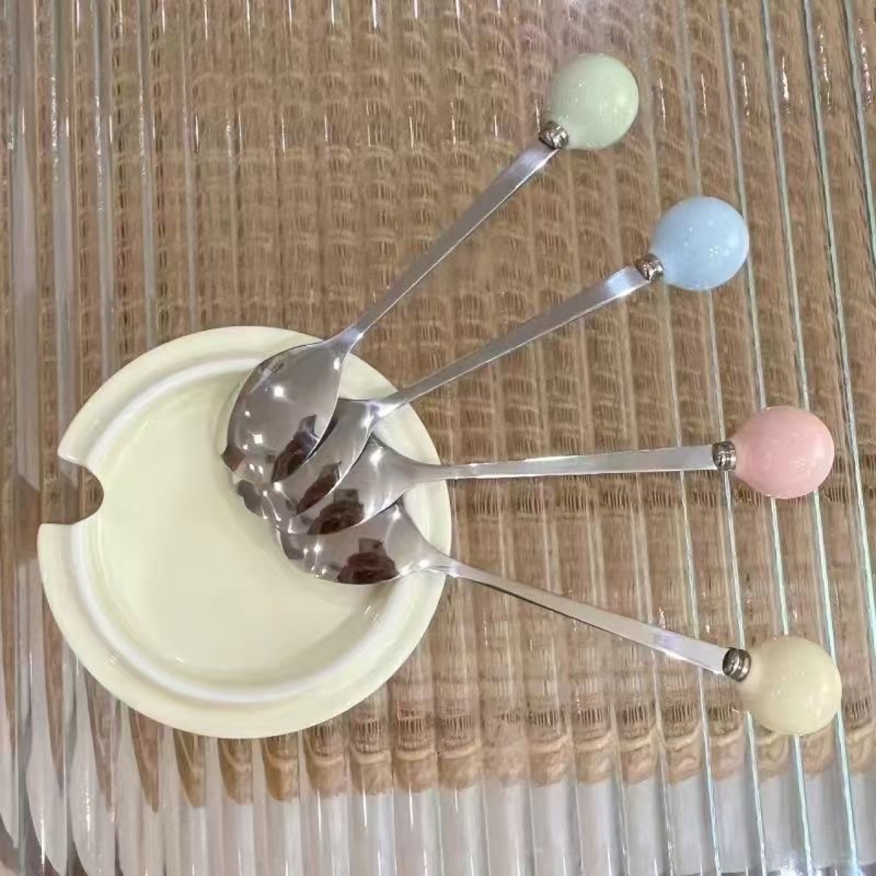 Stainless Steel Tea Coffee Dessert Ceramic Ball Spoon 4