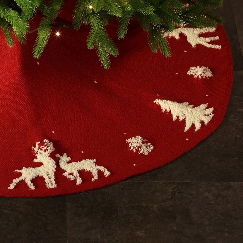 Red Knitted Christmas Tree Skirt with Snowflake & Reindeer 4