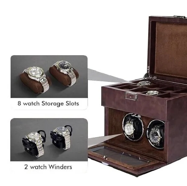 Standing 2-Slot Watch Winder + 8-Slot Storage Box With Light 3