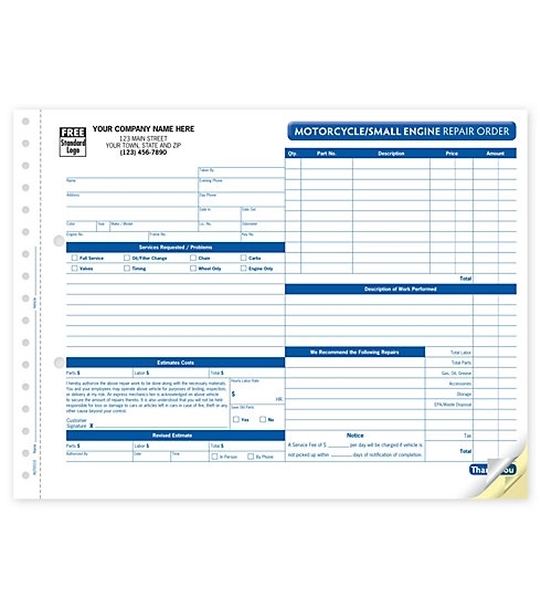 Motorcycle/Small Engine Repair Order, Carbonless 1