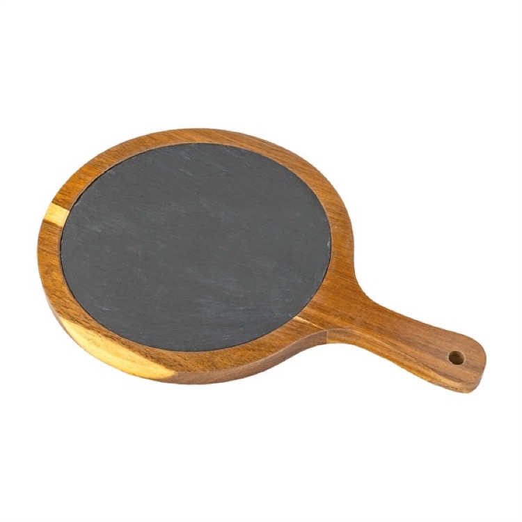 Small Flair Round Acacia Wood & Slate Serving Board w/Handle 3