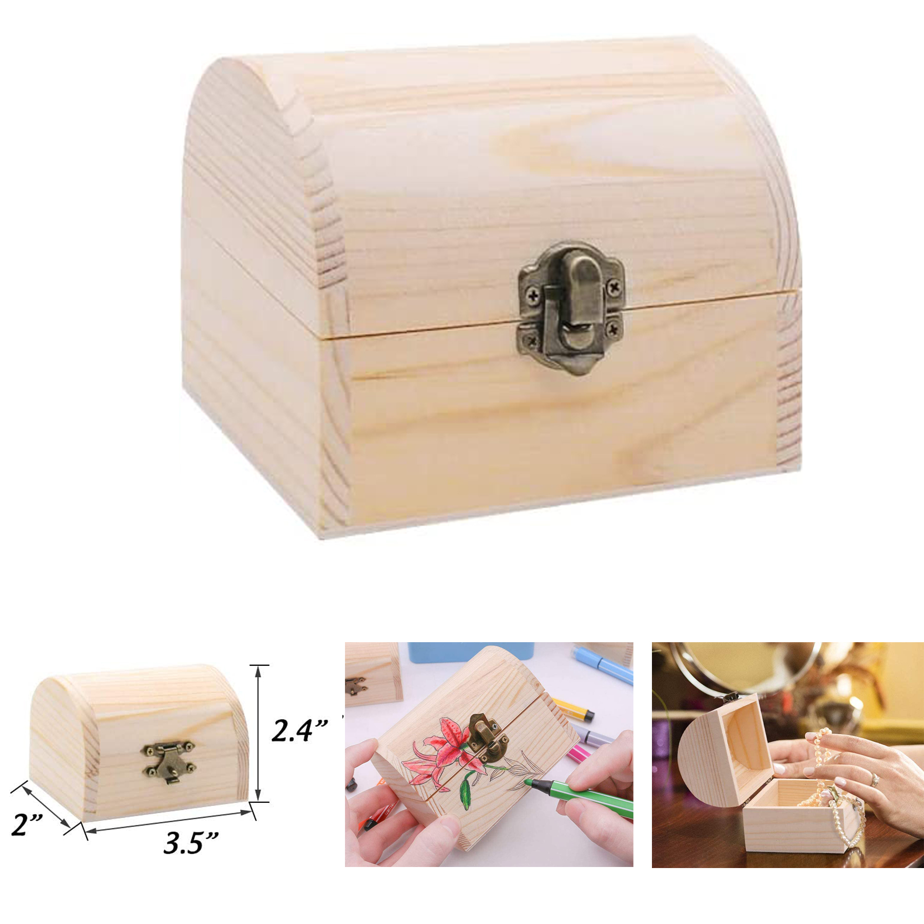 2 x 3.5 x 2.4 Inches Unfinished Natural Wood Color Wooden Treasure Chests Boxes