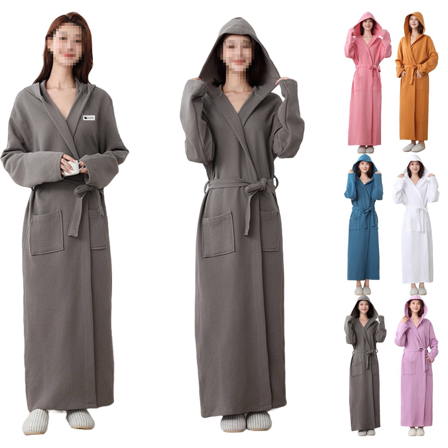 Women Hooded Cotton Bathrobe All-Season Long Robe 7