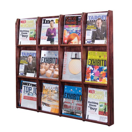 12-Pocket Wood Wall Magazine Rack with Acrylic Pockets