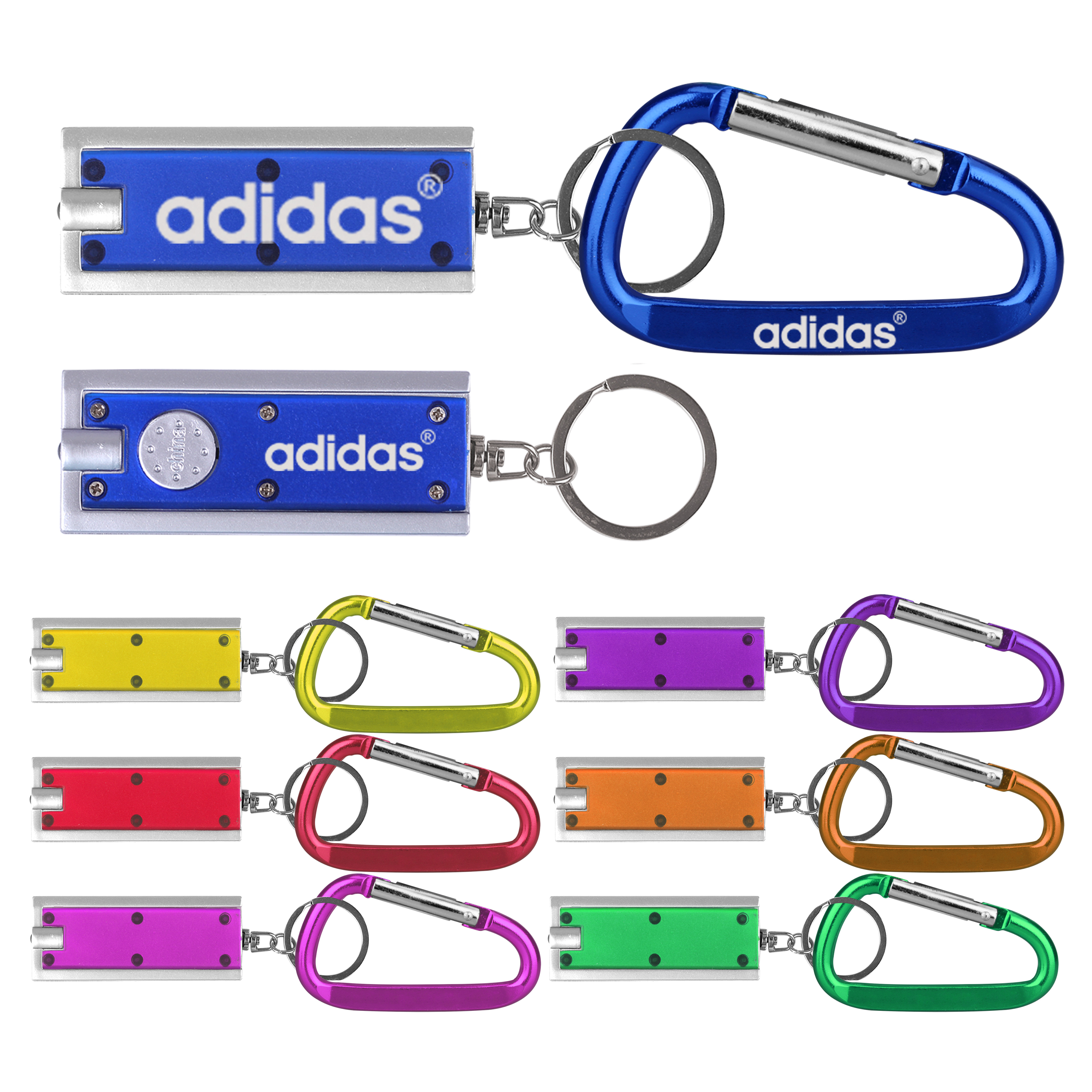 Slim rectangular flash light with swivel key chain and carabiner