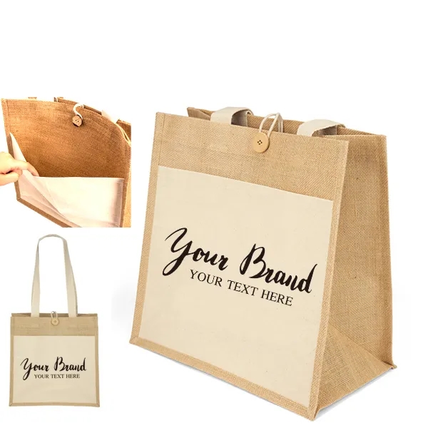 Canvas Jute Bag with Button, custom tote bag with logo imprint 5