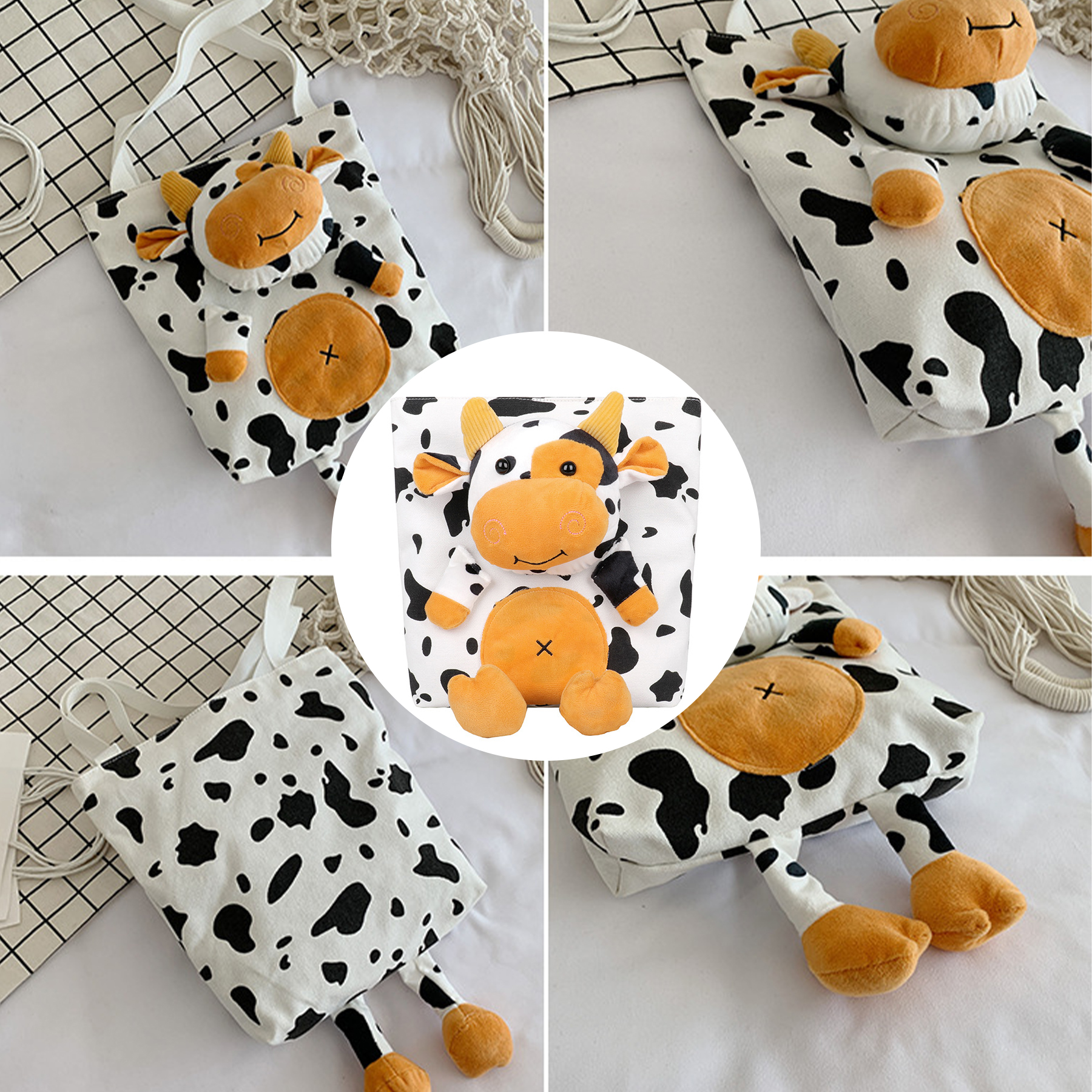 Canvas Cartoon Cow Large Capacity Tote Bag 1