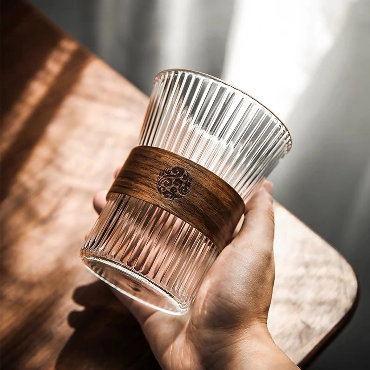 10oz Wooden Striped Glass Cup 1