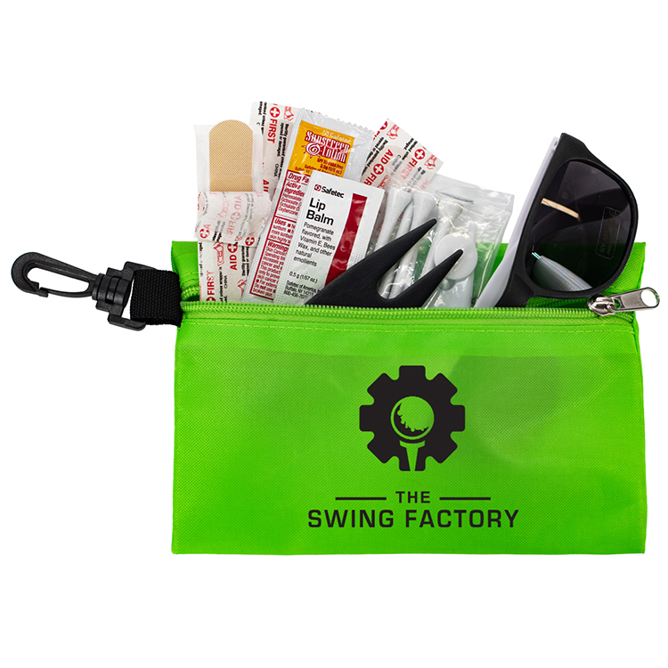"CHIP 16" 16 Piece Golf Kit in Supersized Zipper Pack Components inserted into Zipper kit with Carab 22