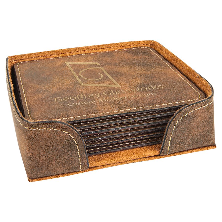 4" x 4" Rustic/Gold Square Leatherette 6-Coaster Set 2