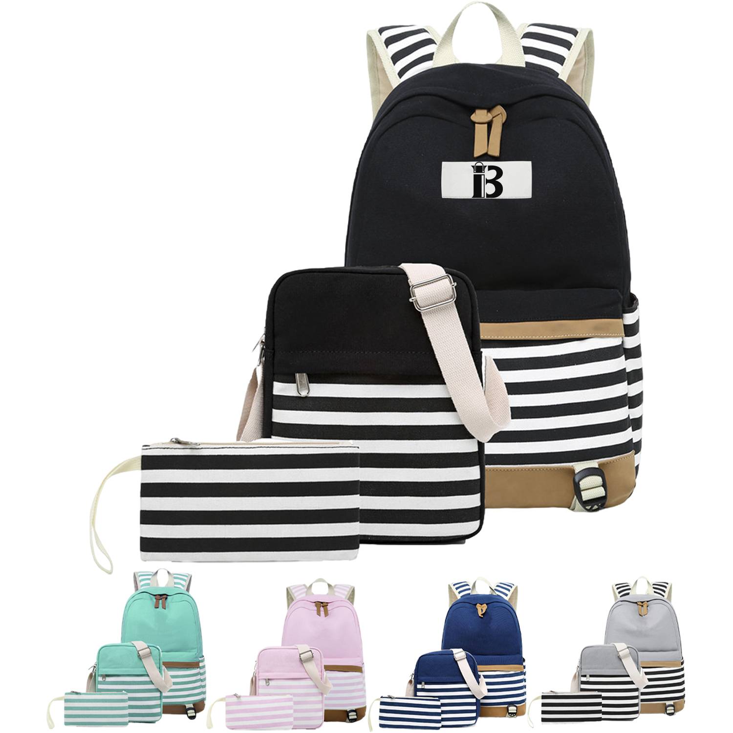 3Pcs Women Lightweight Stripe Canvas Backpack Set 2