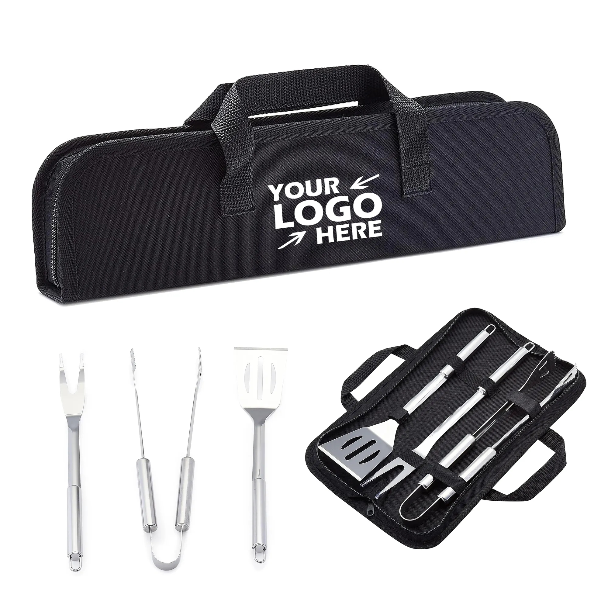 3-Piece Stainless Steel Barbeque Tool with Carry Bag