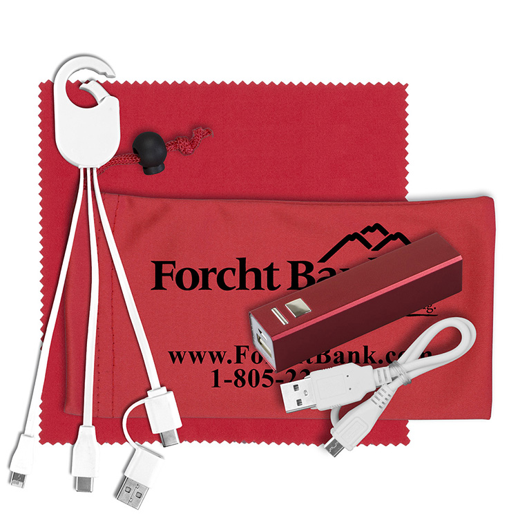 Mobile Tech Metal Power Bank Charging Kit in Microfiber Cinch Pouch Components inserted into Zipper 3