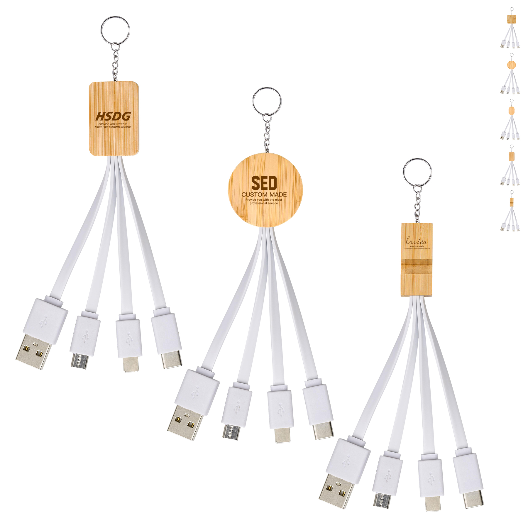 Bamboo Holder 4-in-1 Charging Cable With Keychain 1