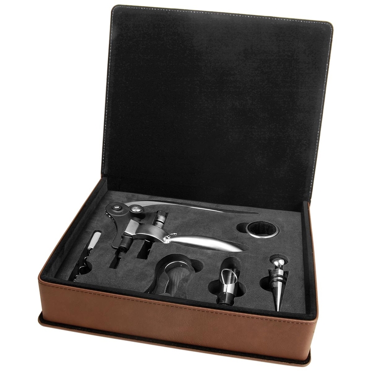Dark Brown Leatherette 5-Piece Wine Tool Set 4