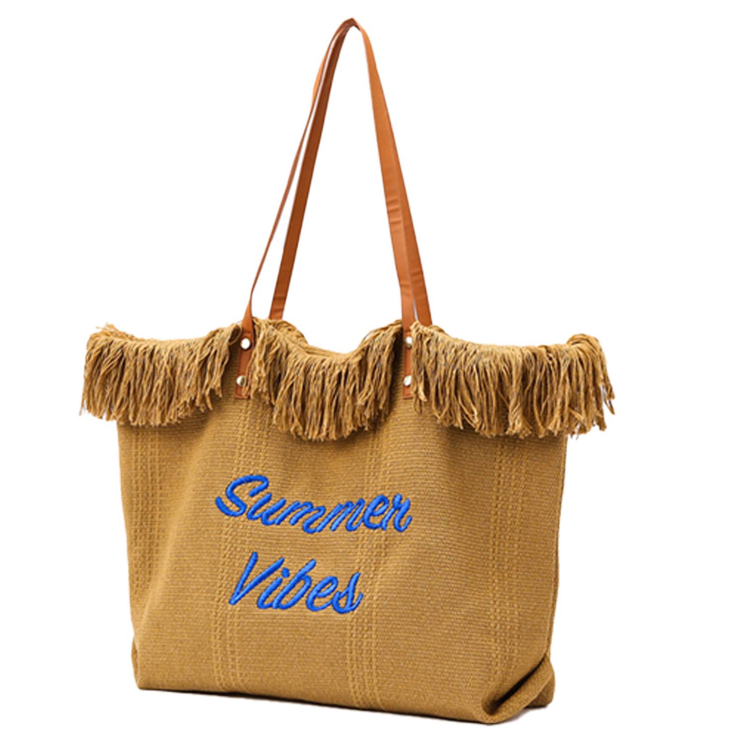 Women Large Beach Canvas Tote Bag Summer Vibes Tassel 8