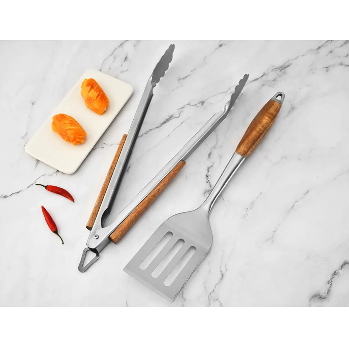 3-Piece BBQ Grilling Tool Set Stainless Steel Tongs Spatula 1