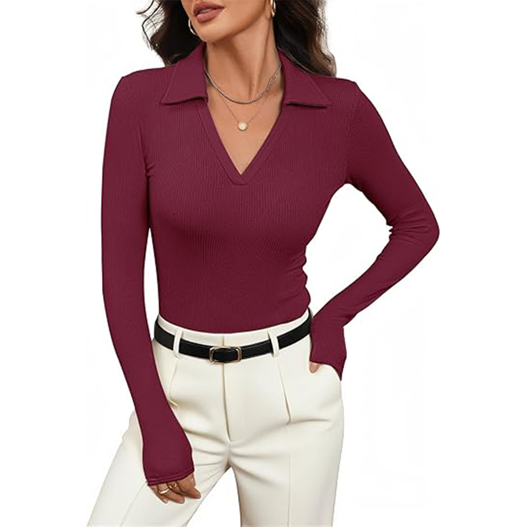 Women Long Sleeve V Neck Polo Shirt 11