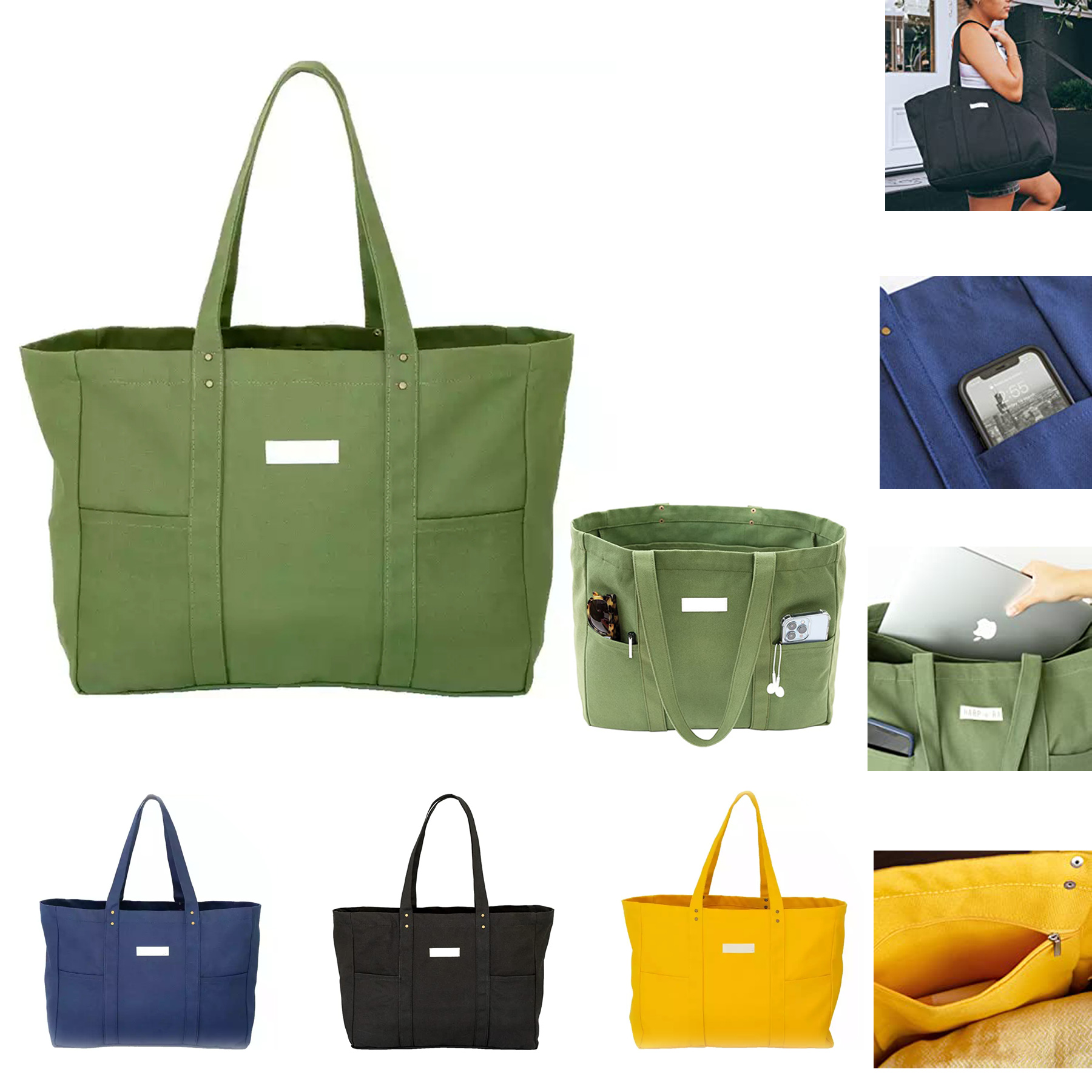 Large Canvas Tote Bag with 2 Front Pockets and Laptop Sleeve 3