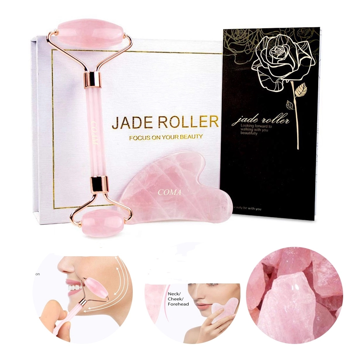 Rose Quartz Facial Jade Roller Gua Sha Set 1