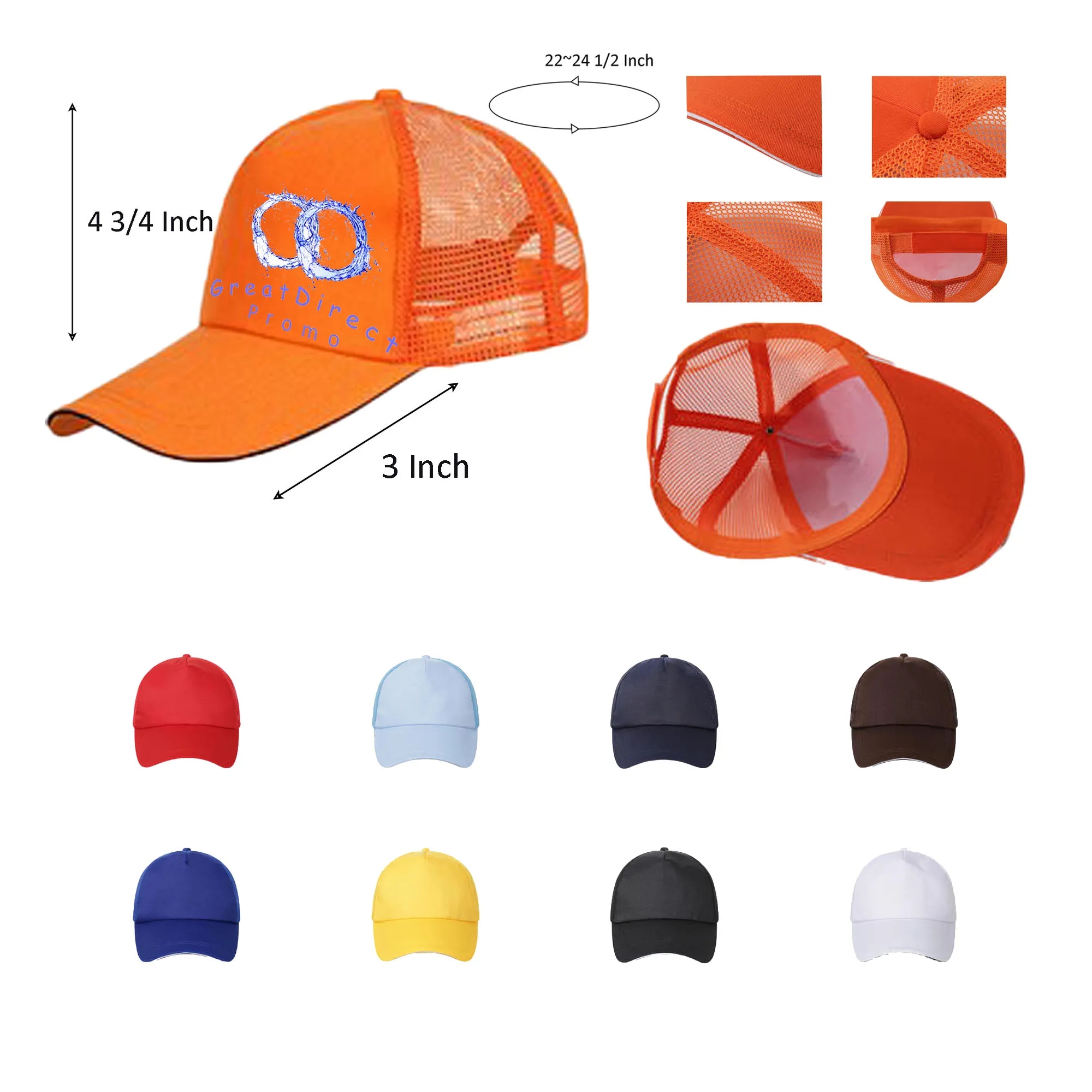 Full Color Poly Cotton Mesh Baseball Cap 22" x 4 3/4" x 3" M