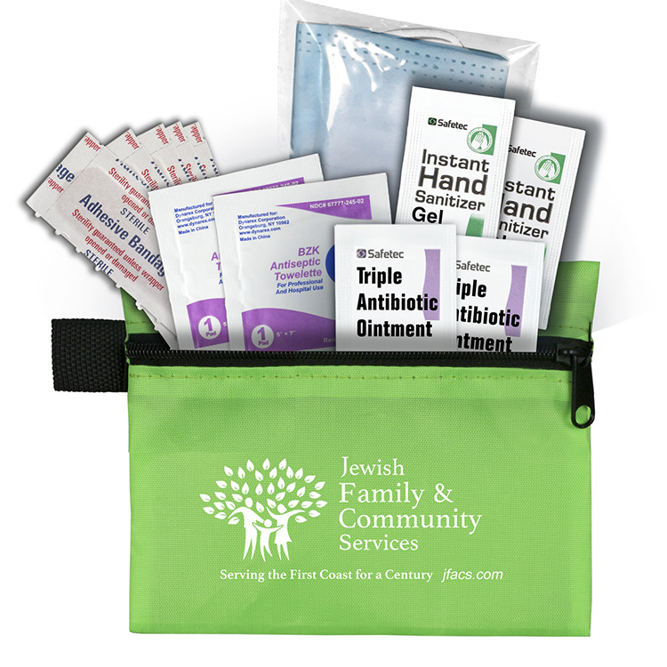 Bixby Plus San" 13 Piece Mask & Sanitizing Safety Kit inserted into Zipper Pack 13