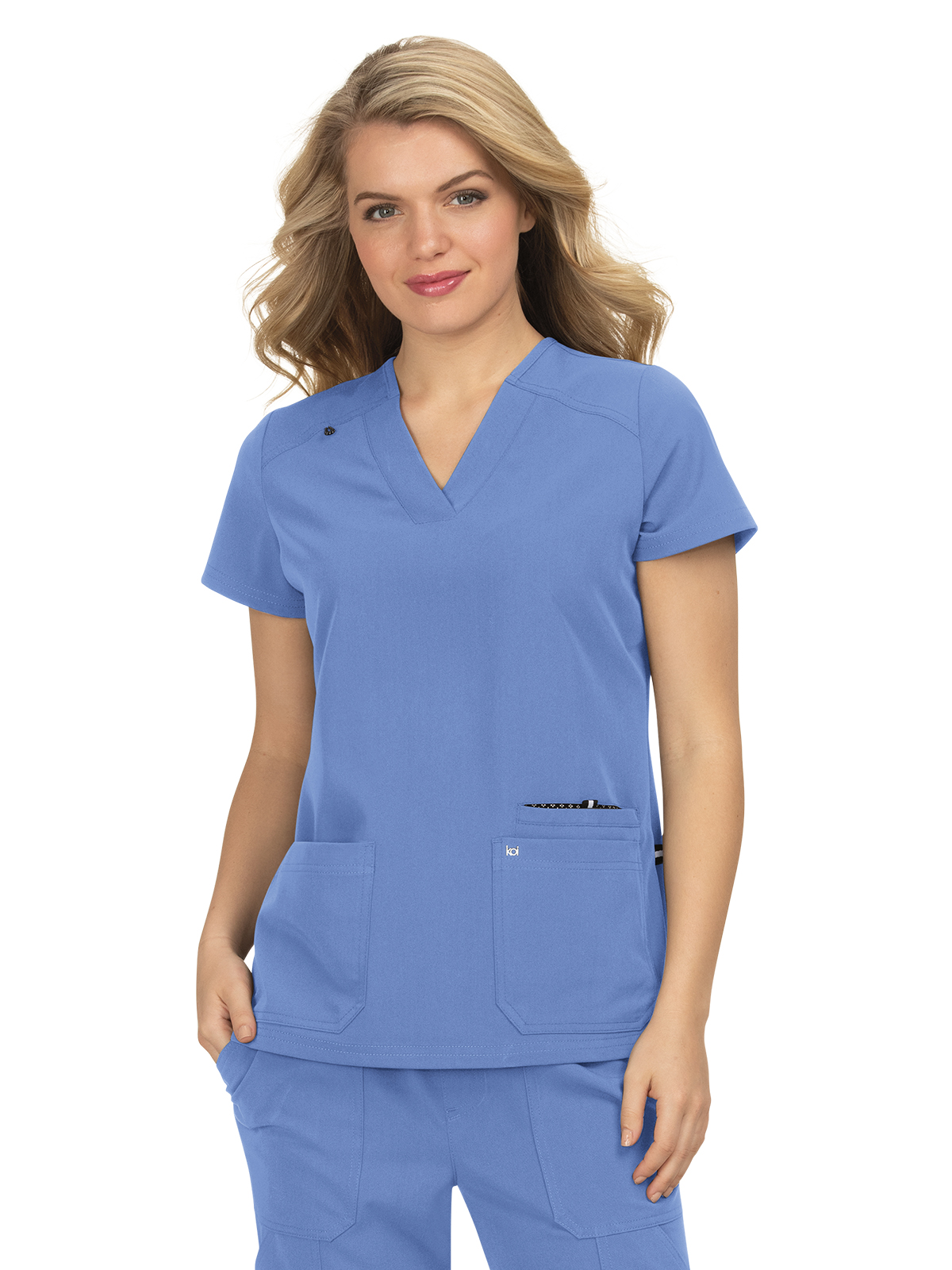 koi - Next Gen - Women's Three-Pocket Wide V-Neck Stretch Hustle and Heart Top 18