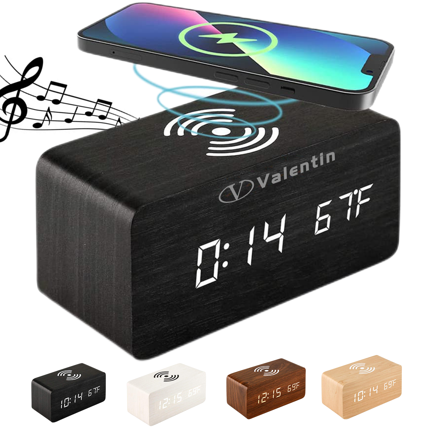 Wooden Wireless Charging Alarm Clock With Bluetooth Speaker 2