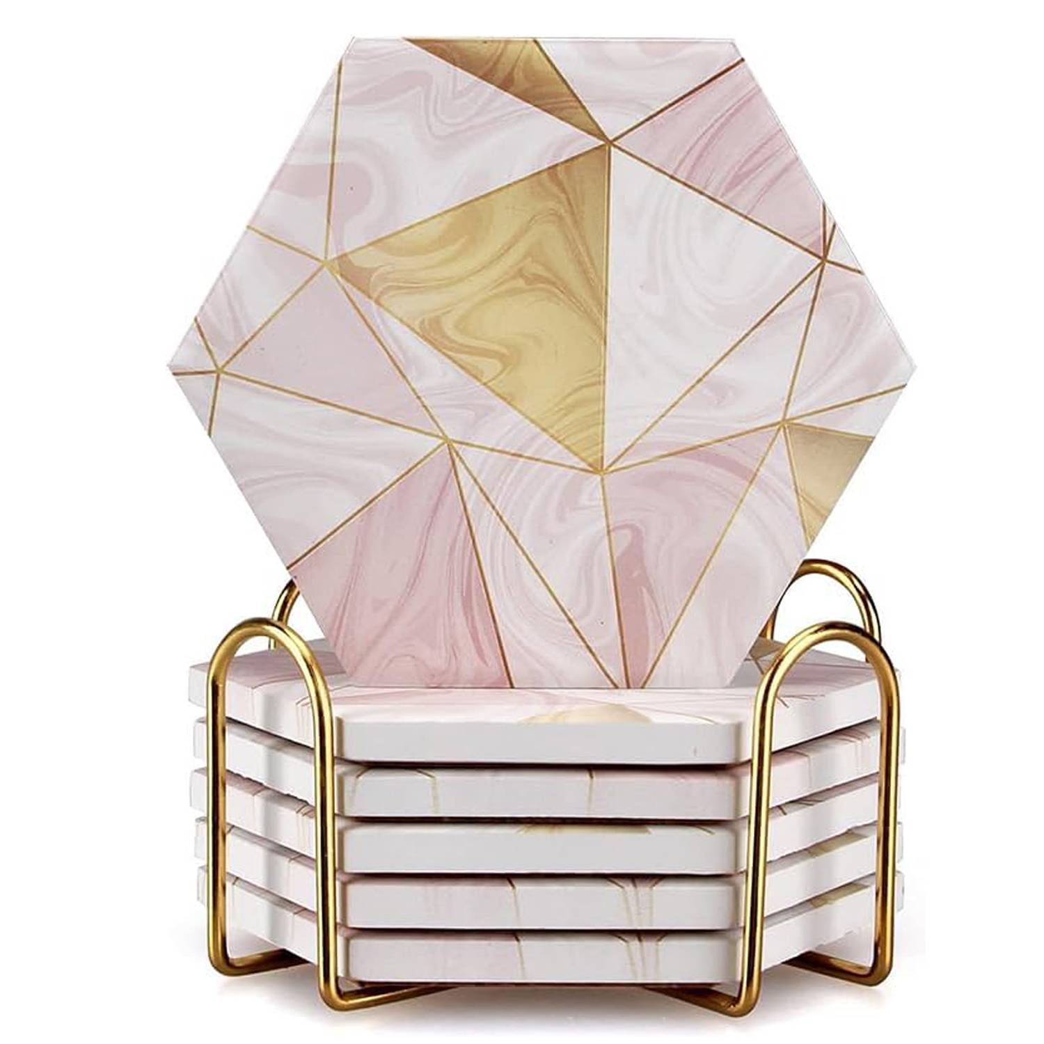 6Pcs Absorbent Hexagon Ceramic Coaster Set 4