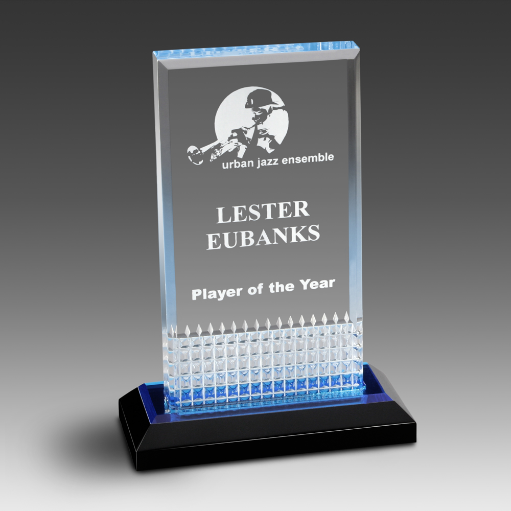 Beveled DiamondEdge Award w/Blue Reflective Bottom (5 1/8"x7-1/16"x2") 1